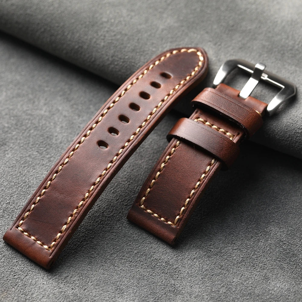 Handmade Layer Cowhide Leather Strap Suitable For Bronze Watchband 20 22 24 26MM Thickened sSoft Leather Retro Style Men Bracele