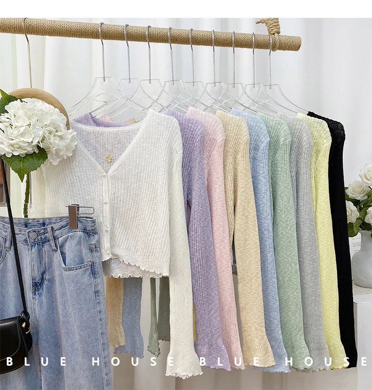 Women 2026 Spring Summer Short Pearl Button Thin Casual Coat Gentle Ruffle Trim Long Sleeve Ice Silk Sunscreen Knitted Cardigan