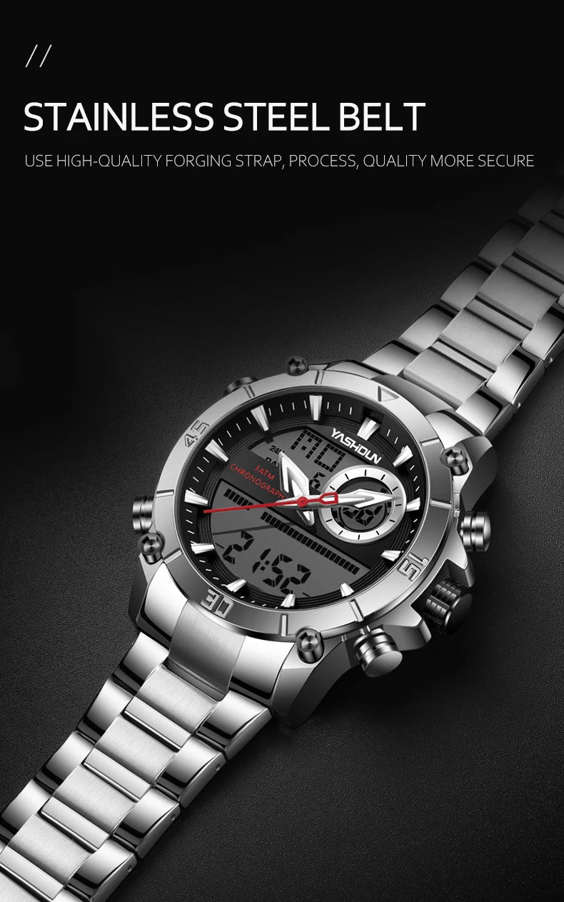 Multi-functional sports men's watch with dual movement electronic steel band luminous waterproof quartz wristwatch