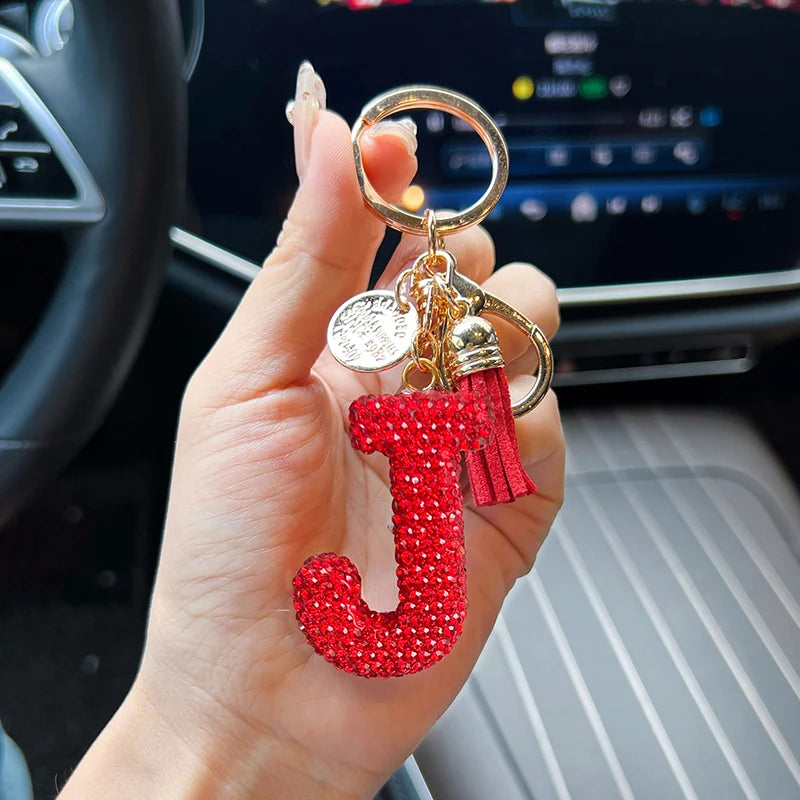 Red English letter car keychain, delicate with diamond bag, pendant, fashionable tassel key chain accessory