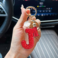 Red English letter car keychain, delicate with diamond bag, pendant, fashionable tassel key chain accessory