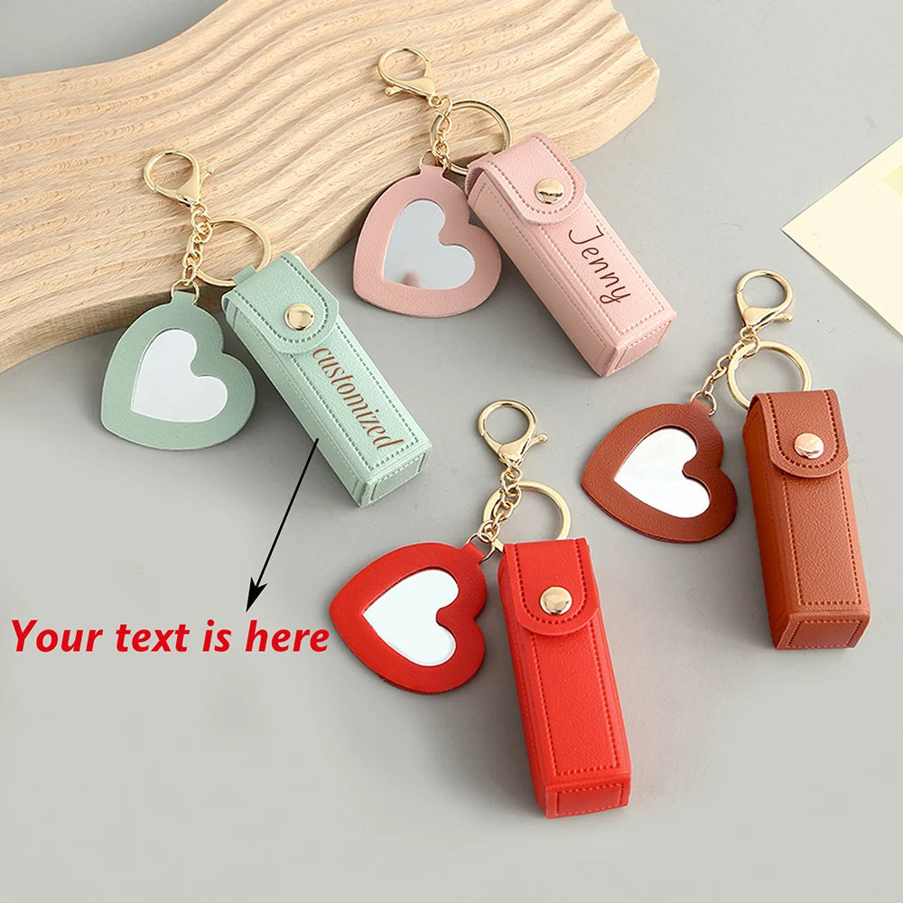Mini Lipstick Bag Custom Text Keychain PU Leather Customized Name Bag Charm Mirror Laser Engraving Personalized Text Key Chain