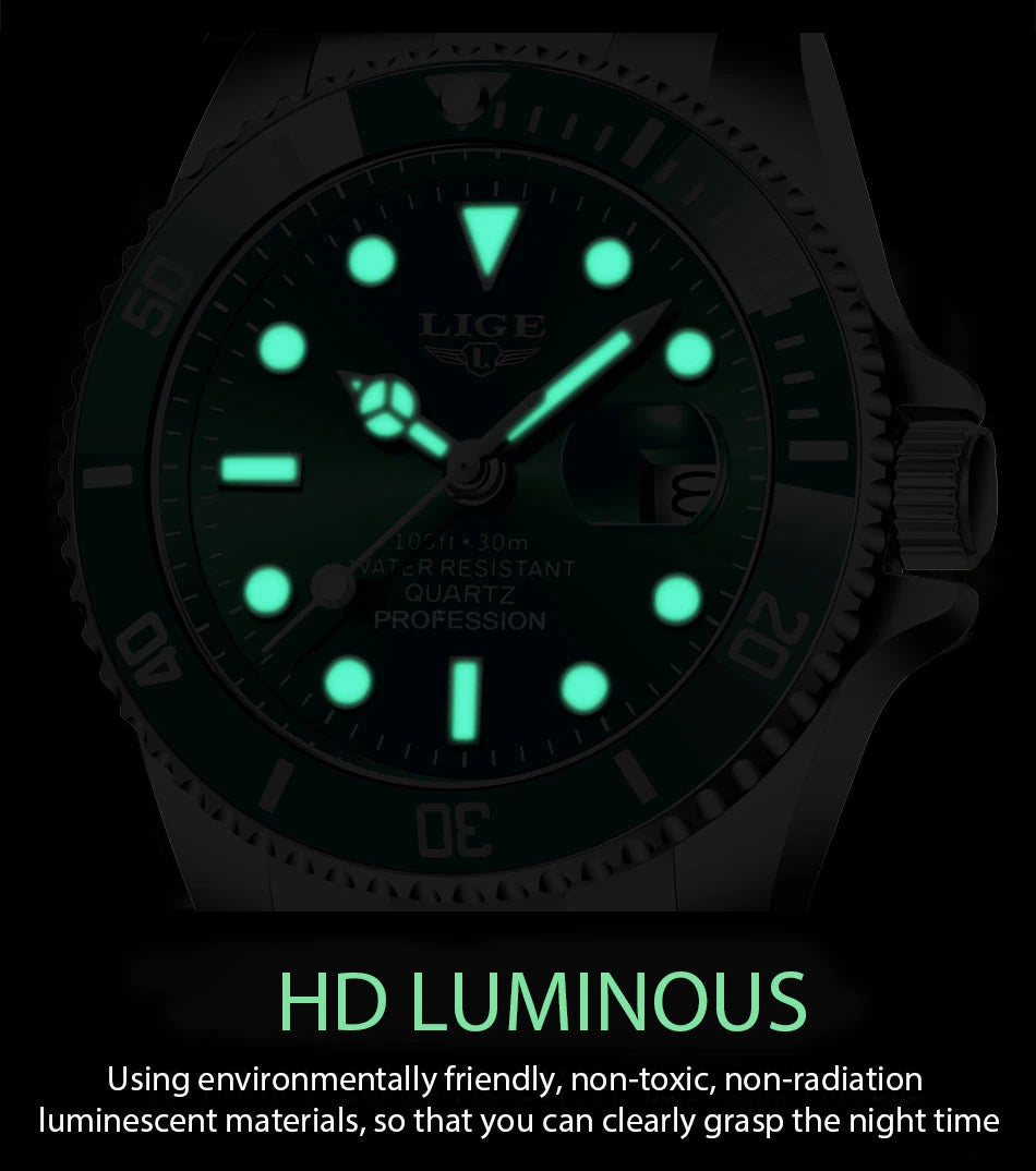 LIGE Top Brand Luxury Fashion Diver Watch Men 30ATM Waterproof Date Clock Sport Watches Mens Quartz Wristwatch Relogio Masculino