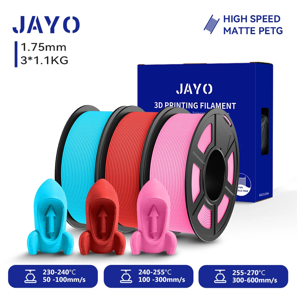 JAYO PETG/High Speed Matte PETG 3D Printing Filament 1.75MM Mix-Colors & No bubbles &Non-toxic For 3D Printer & Pen 3Rolls
