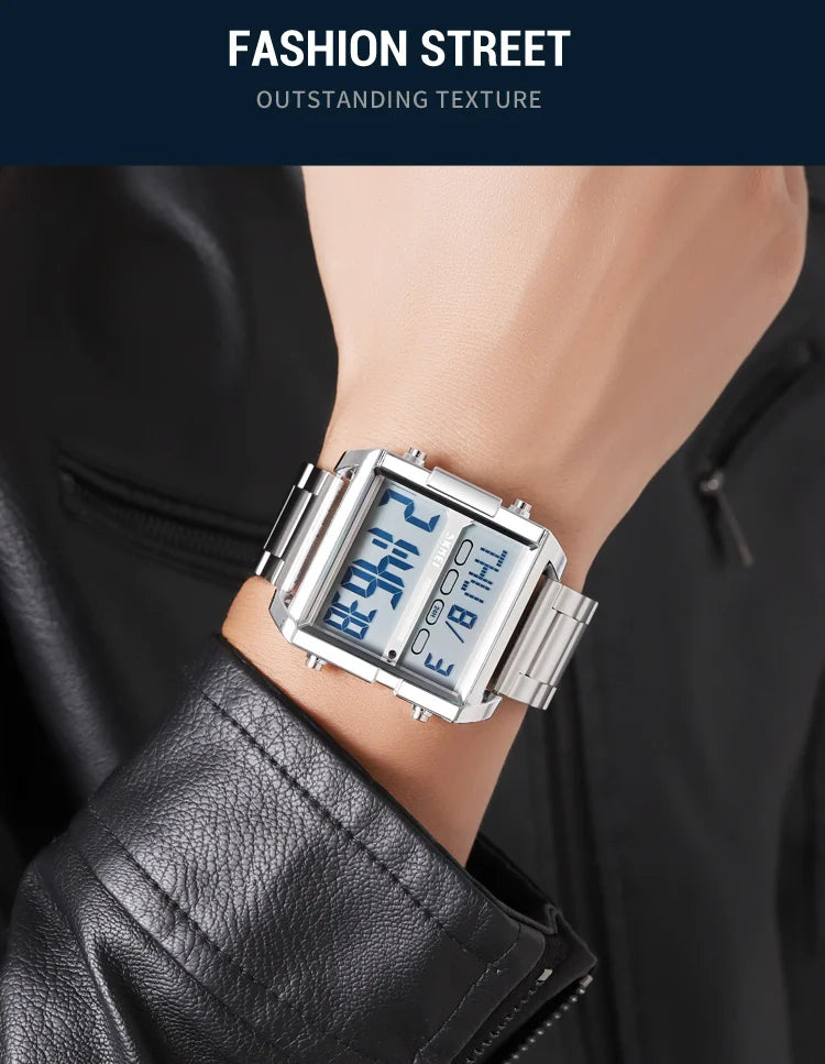 Skmei Luxury Brand Steel Strap Digital Watches for Mens Dual Time Zone Waterproof LED Chronograph Fashion Date Week Alarm Clock