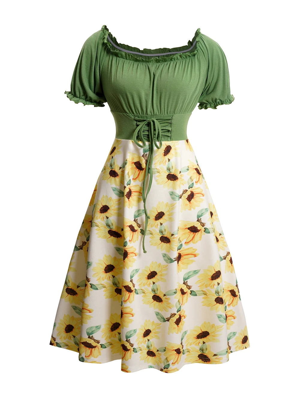 2024 Womens Dresses Sunflower Print Lace Up Ruffle Sleeve Neck Dress Off The Shoulder Summer Casual Dress