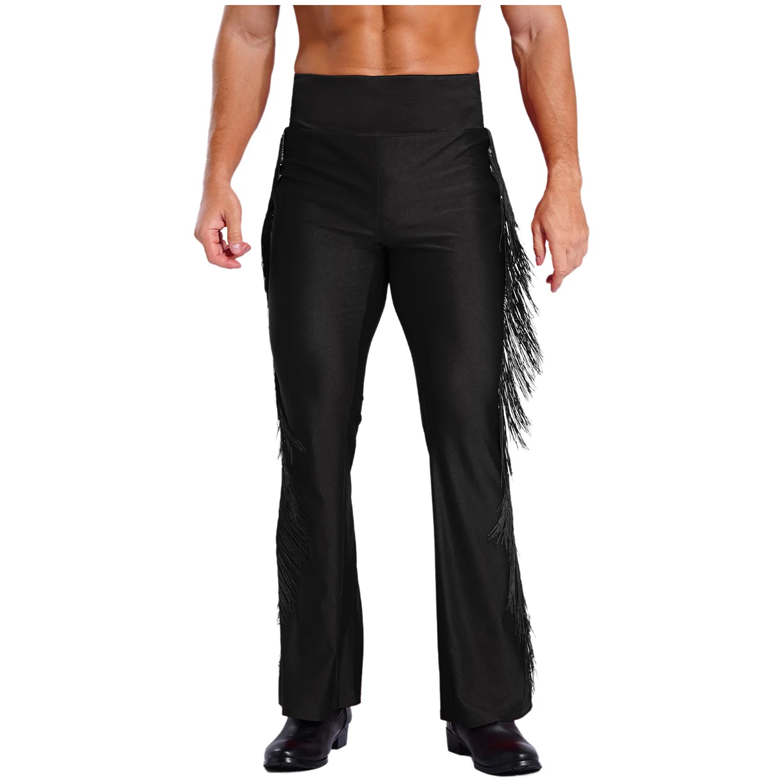 Mens Tassel Flared Pants Vintage Bell-Bottom High Waist Trousers for Jazz Latin Dance Stage Performance Club Disco Party Costume