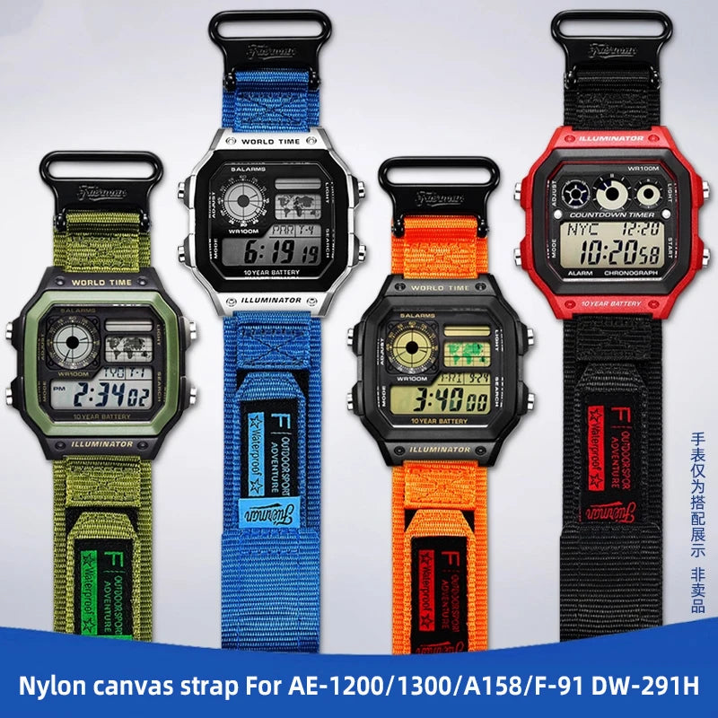 AE1200 Loop Design Nylon Canvas Strap For Casio Watches A158W/A168/W-216H/F-91/AE1300/1500/AE-1200 Outdoor Sports watchband 18mm