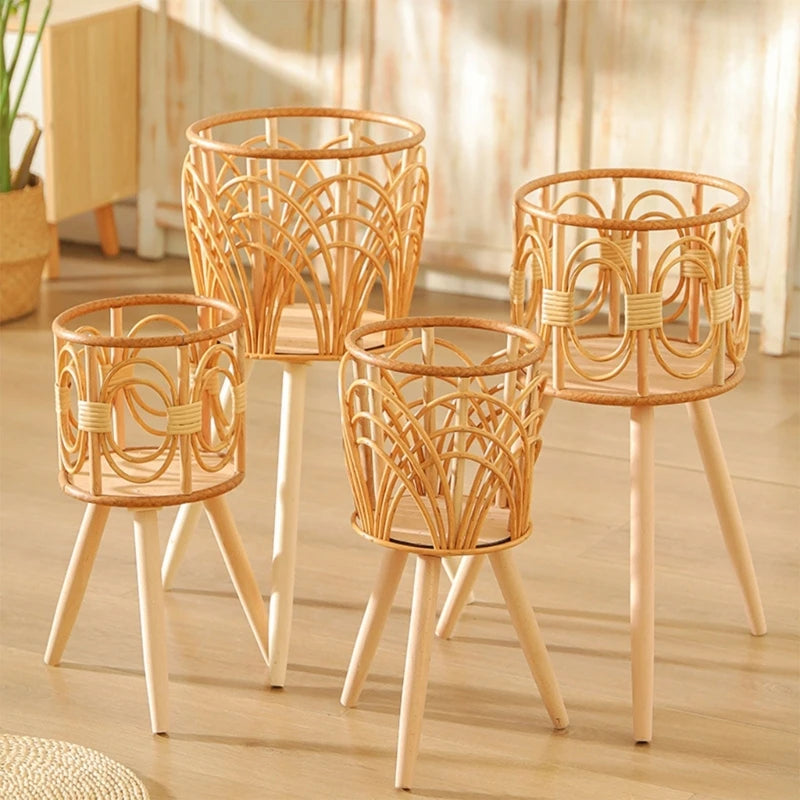 Rattan Indoor Plant Stand Straw Woven Flowers Pot Holder Stool with Legs Floor Planter Baskets Rack Wooden Plant DropShipping