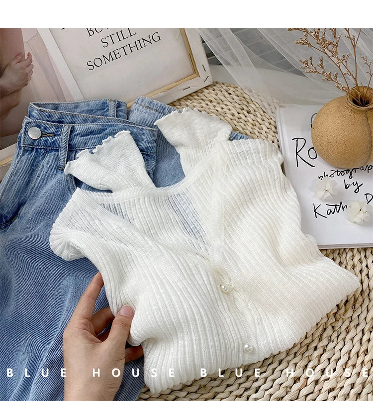 2026 Spring Summer Gentle Ruffle Trim Long Sleeve Ice Silk Sunscreen Knitted Cardigan Women Short Pearl Button Thin Casual Coat