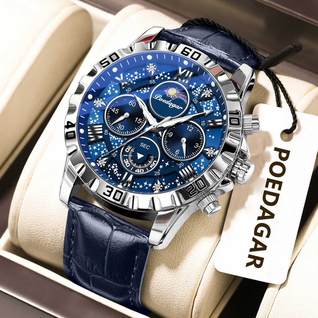 POEDAGAR Original Military Man Wristwatch Waterproof Luminous Chronograph Leather Strap Watches For Men Quartz Men's Watch Reloj