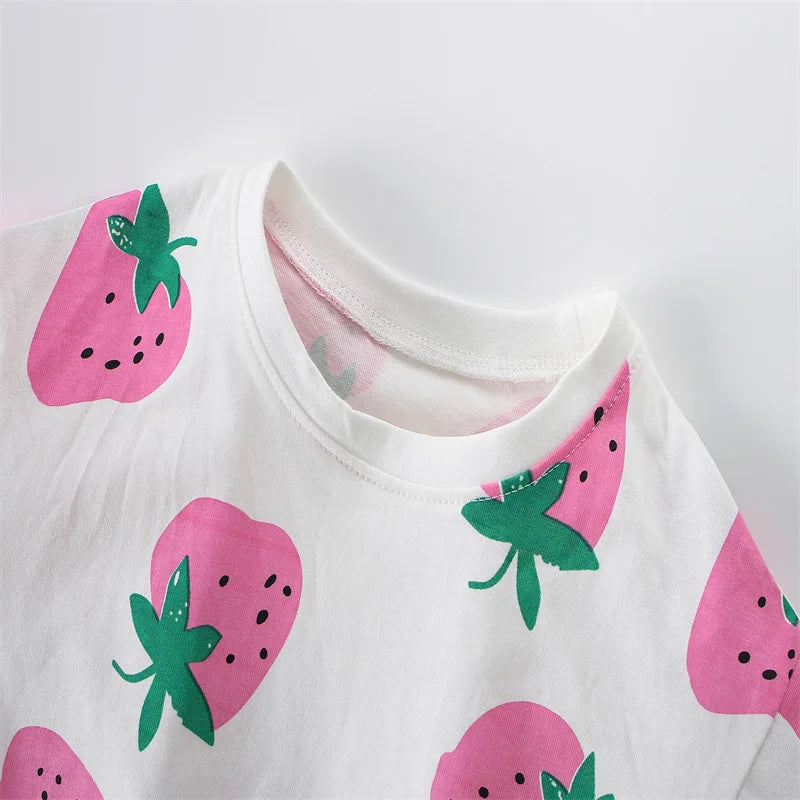 Jumping Meters 100% Cotton 3-8T Strawberry Girl 2 PCS Sets Baby Outfits Summer Tops + Shorts Children's Clothing Toddler Outfits