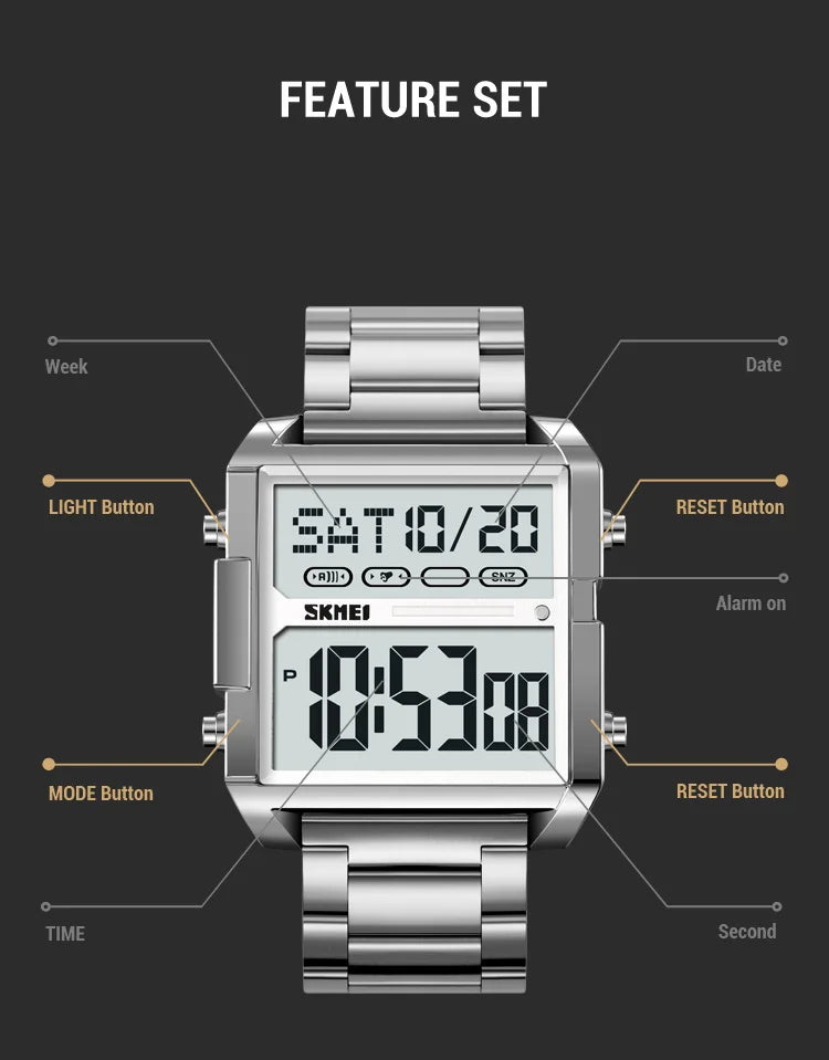 Skmei Luxury Brand Steel Strap Digital Watches for Mens Dual Time Zone Waterproof LED Chronograph Fashion Date Week Alarm Clock