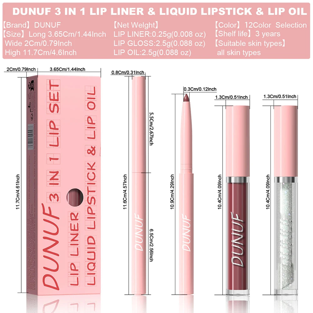 Matte Lip Liner Lip Gloss Lip Oil Set, 3-in-1 Waterproof Non-sticky Long-Lasting Lipstick, Nude Deep Red Mauve, Christmas Makeup