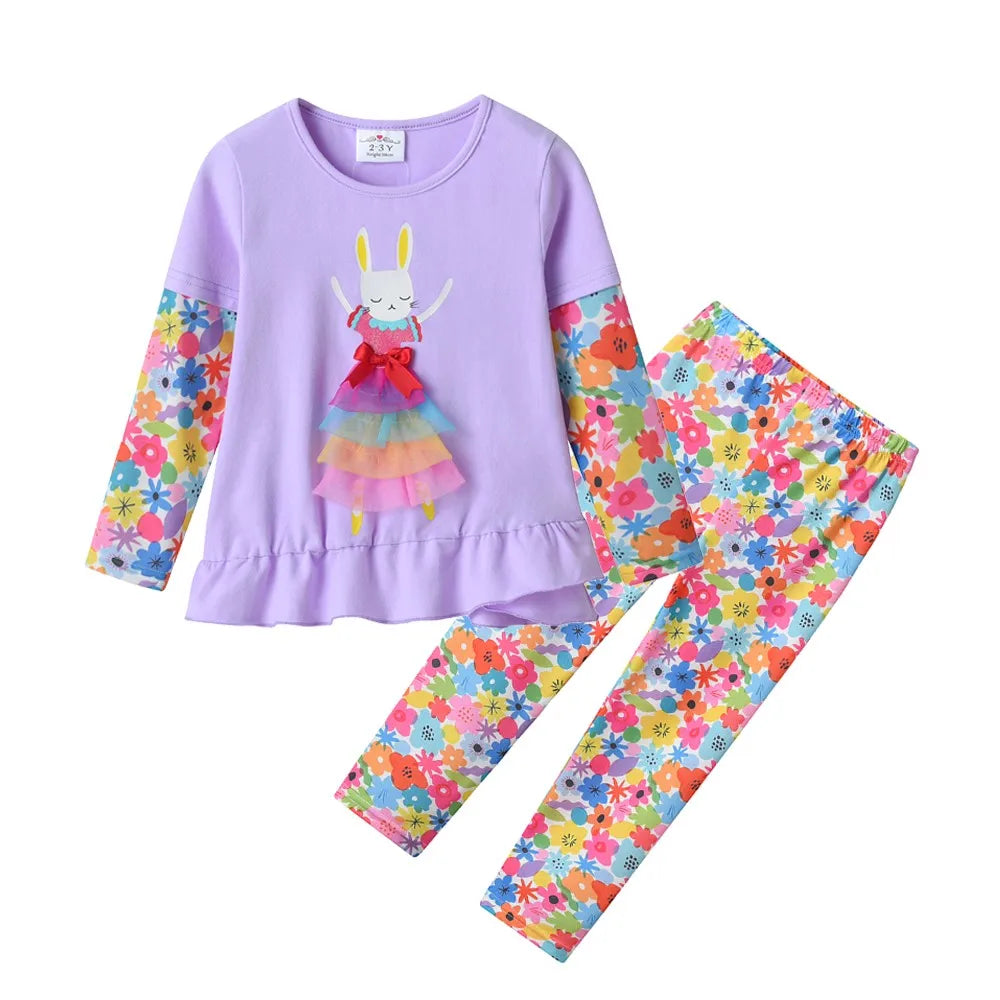 VIKITA Children Clothing Kids Rabbit Floral Print Long Sleeve Cotton Casual Tops Tees and Pants 2 Pcs Suit Kids Clothes Sets