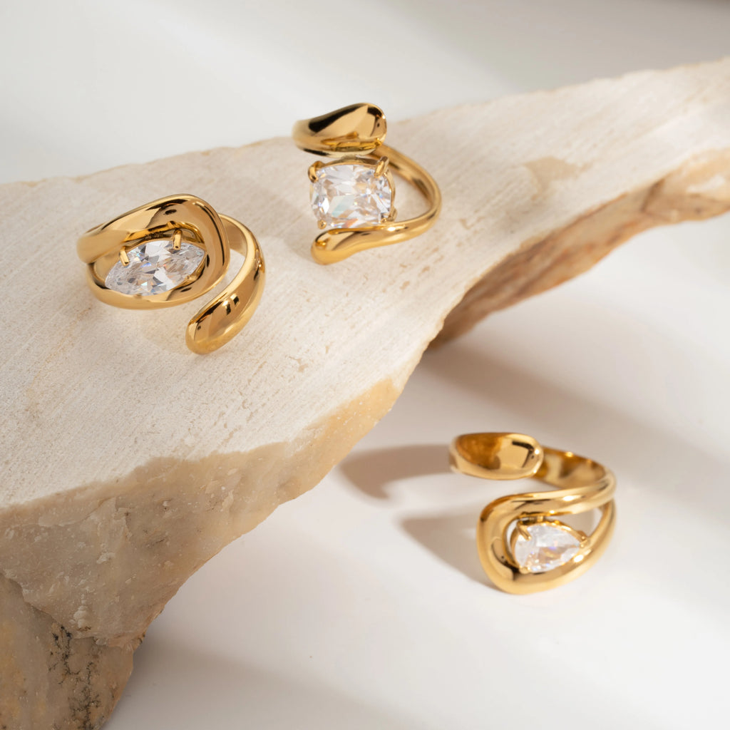 18K Gold Plated Stainless Steel Water Drop Shaped Large Zircon Opening Ring Anti Allergic Women Waterproof Statement Jewelry