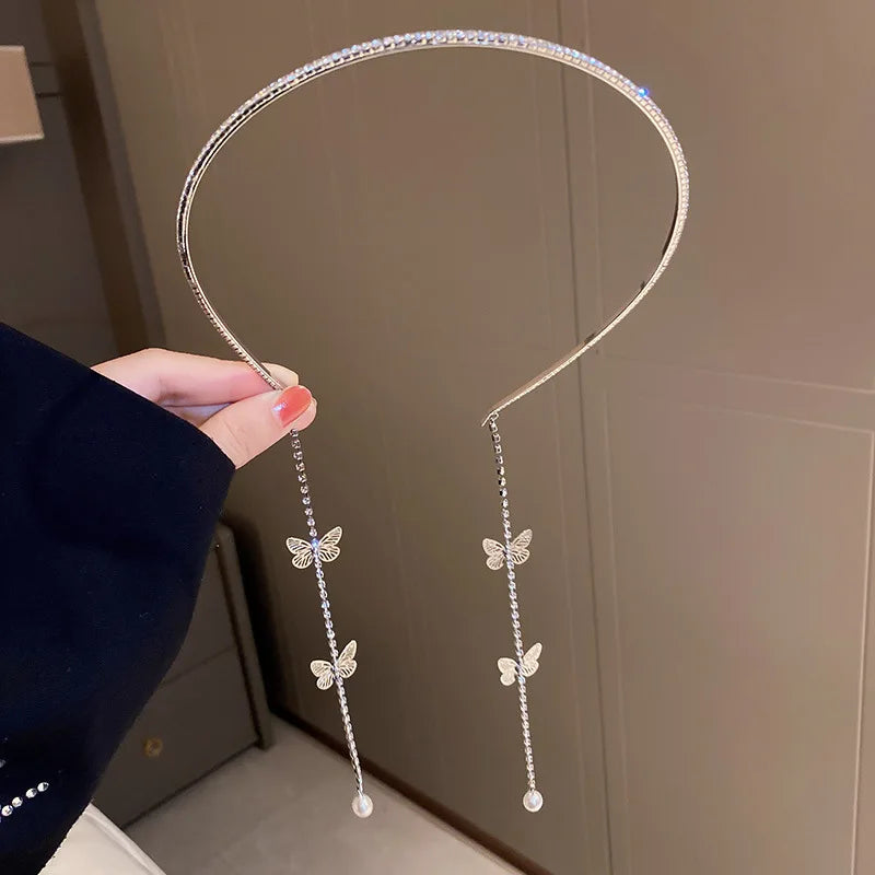 DREJEW Butterfly Hairbands for Women Rhinestone Crystal Long Tassel Chain Headband Simulated Pearl Headwear Hair Accessories