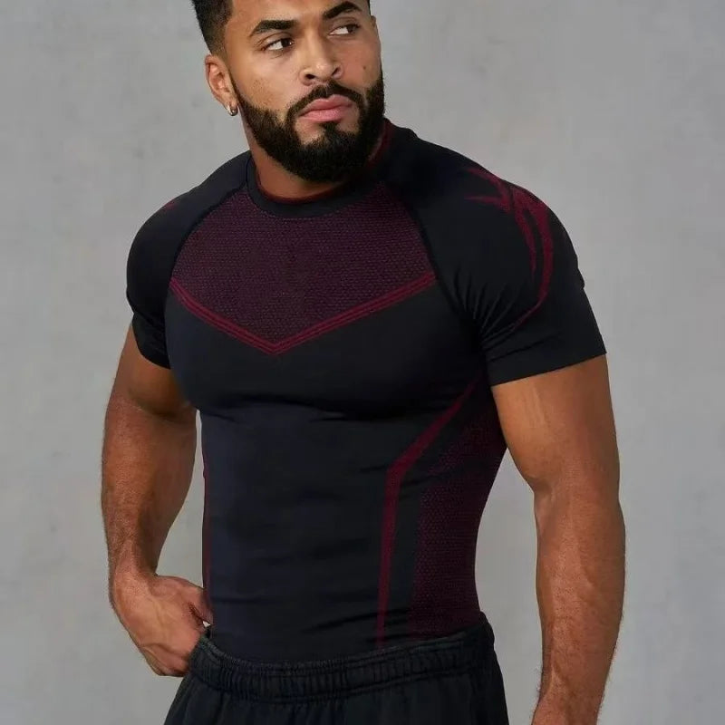 Men's Gothic Style High Elastic Quick Dry Seamless Slim Fit Training T-Shirt Short Sleeve Fitness Clothing for Sports