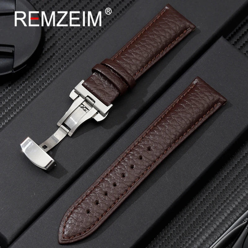 Litchi Grain Strap 18/20/22mm Watch Accessories Genuine Soft Leather Wristwatch Band With Butterfly Buckle