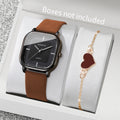2PCS/Set Fashion Square Women Quartz Watch Ladies Leather Strap Wristwatch With Heart Bracelet Reloj Mujer (Without Box)