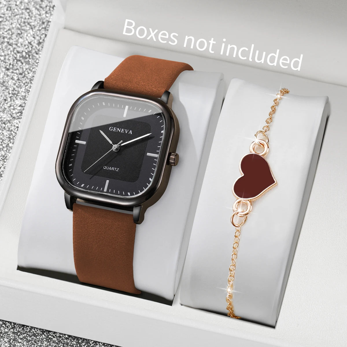 2PCS/Set Fashion Square Women Quartz Watch Ladies Leather Strap Wristwatch With Heart Bracelet Reloj Mujer (Without Box)