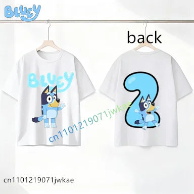 Bluey Birthday Number T-shirt 1-9 Y Kids Front Back Print Cute Cartoon Short Sleeve Boys Girls Summer Tops Birthday Party Gifts