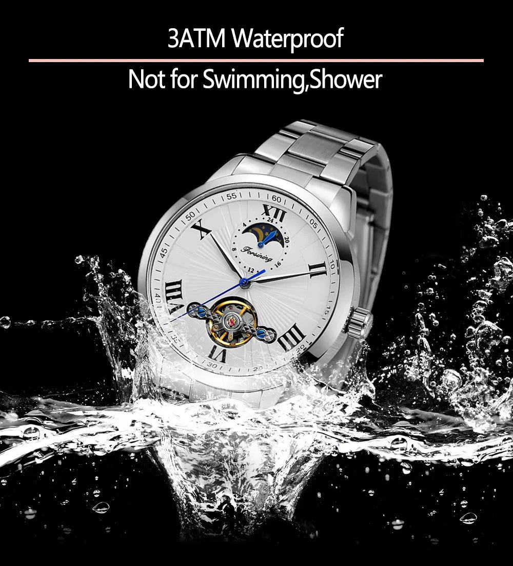 Forsining Men's Automatic Tourbillon Moon Phase Mechanical Watch Stainless Steel 3ATM Waterproof Luxury Design Business Style