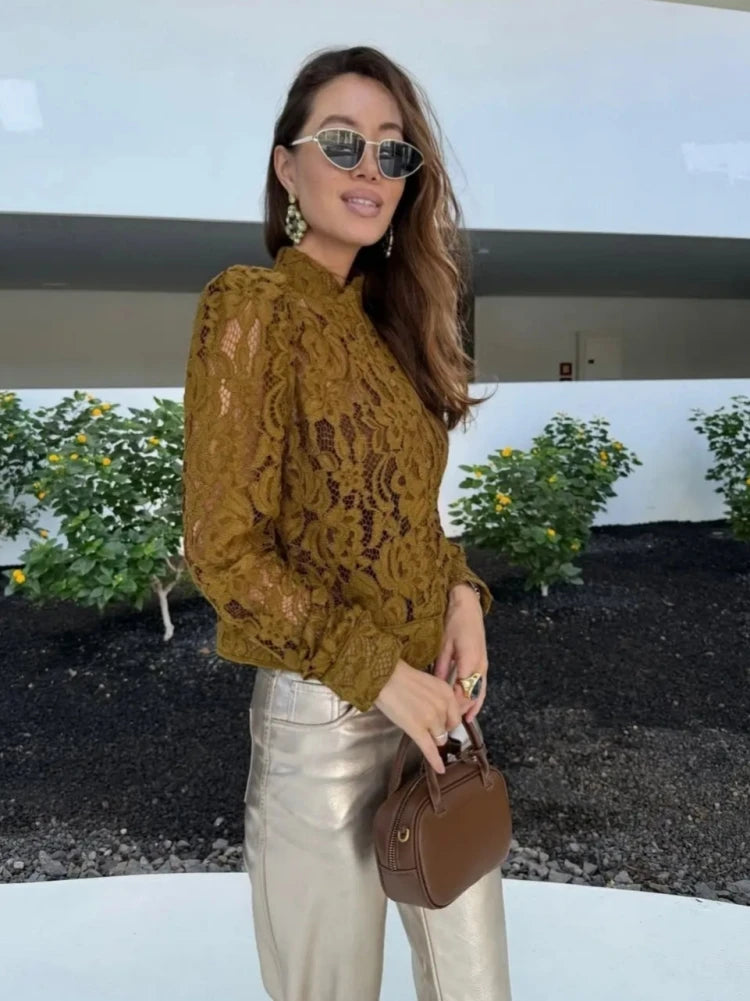 Ladies Elegant Hollow Out Lace Blouse 2026 Chic See Though Single Breasted Long Sleeve Shirts Spring New Female Blouse Shirts
