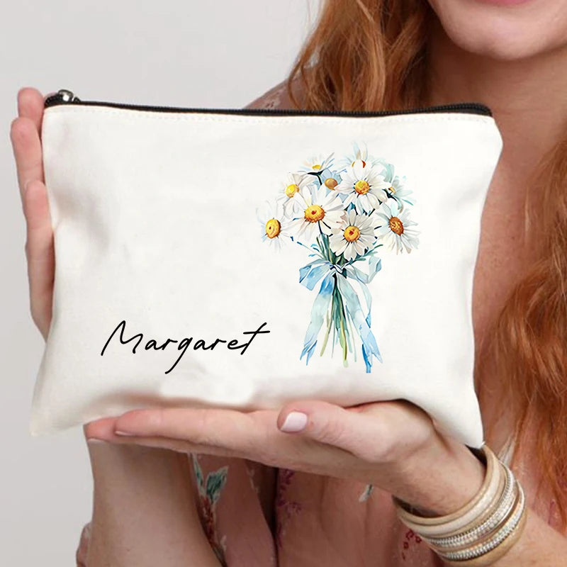 Customized Name Flower Bouquet Personalized Makeup Bag Birthday Gift Single Girl Bridesmaid Wedding Gift Lipstick Storage Bag