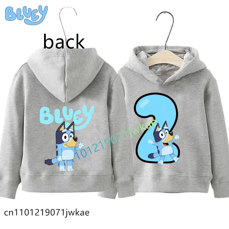 Bluey Birthday Number Print Hoodie Kids 1-9Y Front Back Design Long Sleeve Sweatshirt Boys Girls Casual Tops Birthday Party Wear