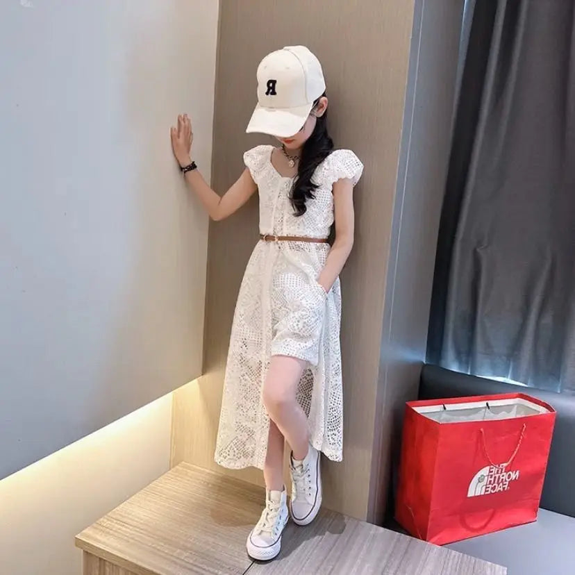 Girls' Set 2025 New Summer Korean  Lace Hollow Set Elegant Medium sized Children's Dress