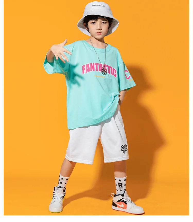 Boys Street Dance Blue T-shirt Shorts Girls Hip Hop Crop Top Skirt Outfits Kids Summer Costume Clothes Sets Children Streetwear