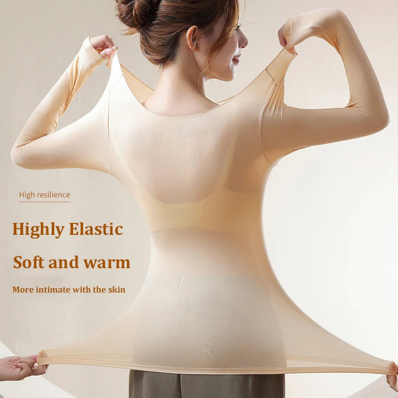 Women's Ultra-Thin Seamless Thermal Underwear High-Elasticity Warm Vest Slim Fit Top Casual Long Sleeves Lightweight Sleepwear