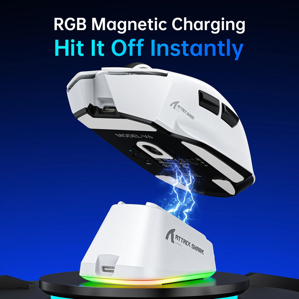 V6 ATTACK SHARK 25000DPI Wireless Mouse,Bluetooth Tri-Mode Connection,Touch Magnetic Charging Base , Macro Gaming Mouse