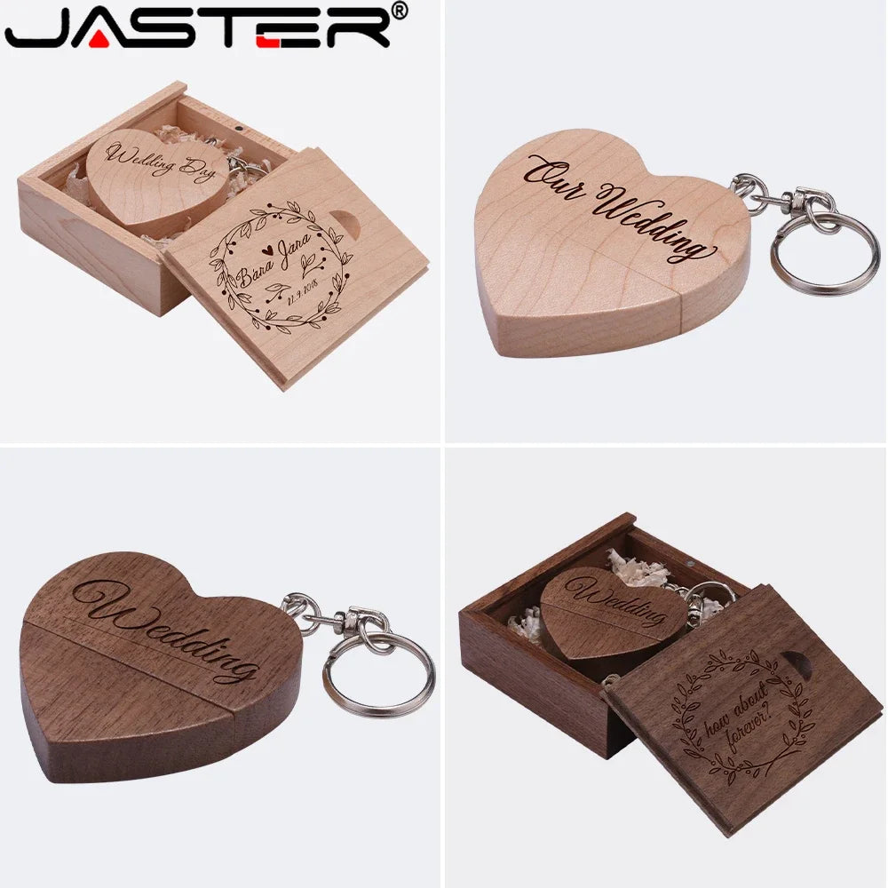 JASTER 10PCS/LOT Wooden Heart USB 2.0 Flash Drives 128GB  Free custom logo key chain Pen drive 64GB 32GB Business gift USB stick