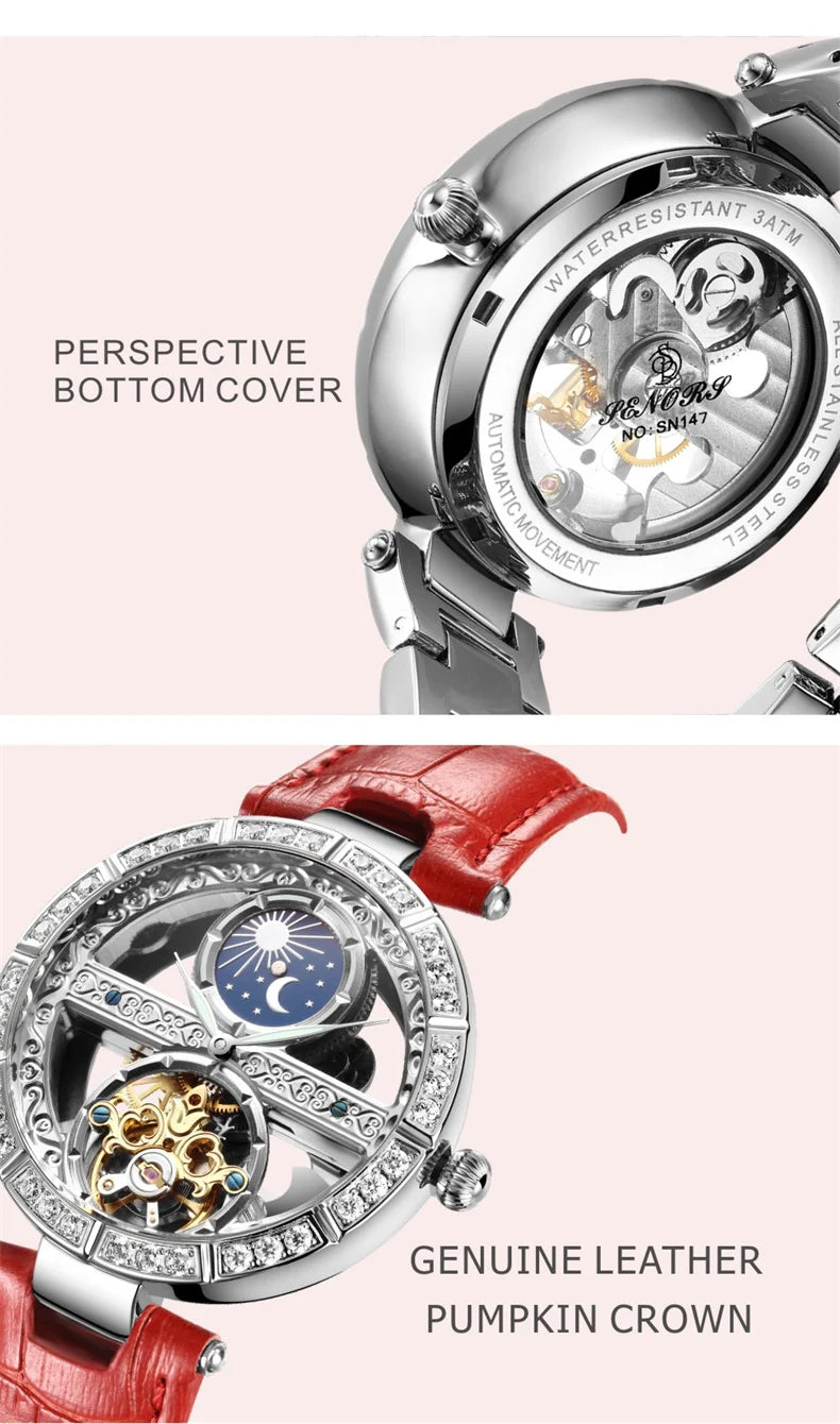 Luxury Women's Waterproof Skeleton Tourbillon Mechanical Watches Night Glow Beauty Elegant Mechanical Watch For Women