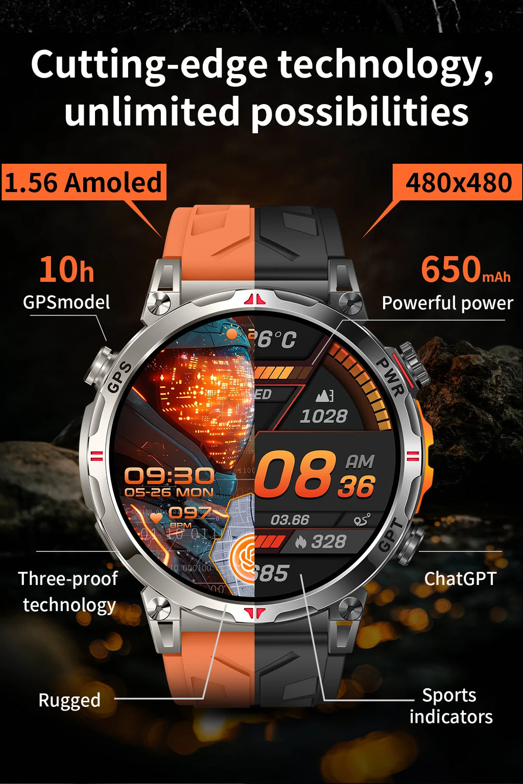 New Outdoor GPS GPT Compass Smart Watch 3ATM Waterproof Fitness Track Heart Rate BT Call Professional Sports 650mAh Smartwatch