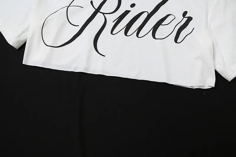 SylCue Letter Print Oversized T-shirt Women Skew Collar Short Sleeves Off Shoulders Irregular Hem Hip-hop Style Trend Crop Tops