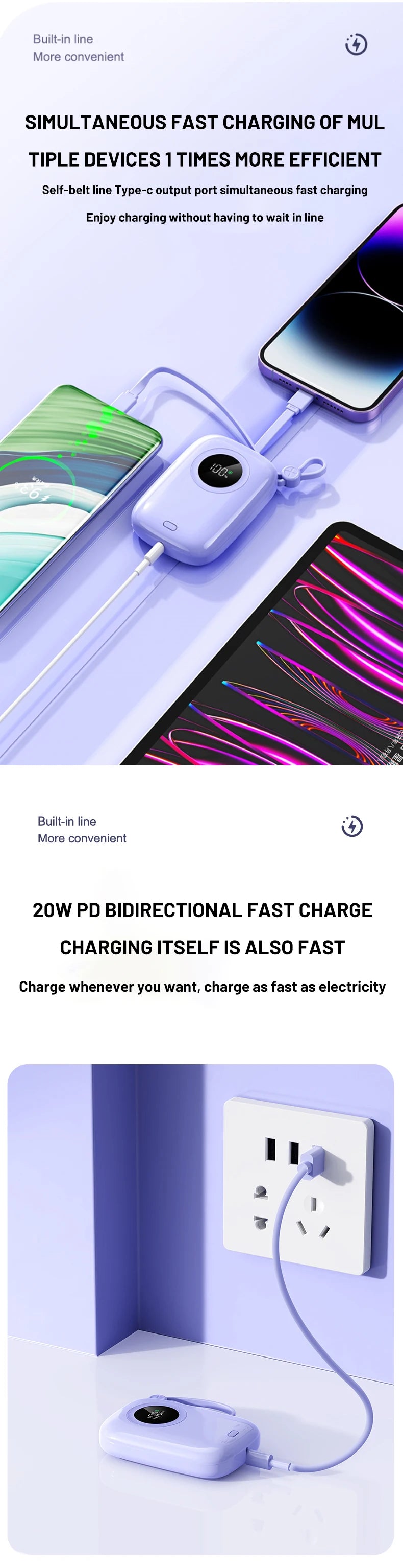 PD22.5W power bank, bidirectional fast charging with 10000mAh cable, large capacity mobile power bank mini ultra-thin power bank