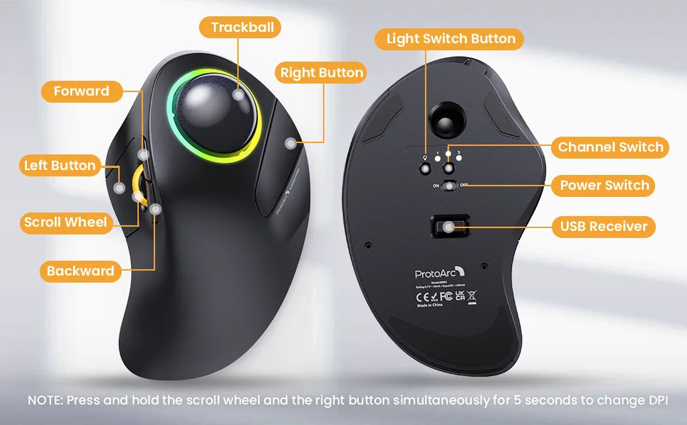 ProtoArc Wireless Index Finger Trackball Mouse Rechargeable RGB Rollerball BT 2.4g Mice for Computer Laptop 3 Device Connection