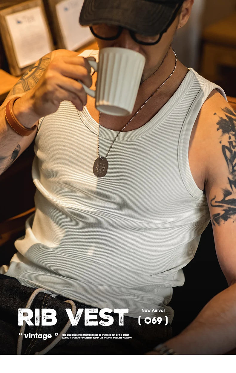 Maden Men's Retro Solid Color Slim Fit Sleeveless Vest T-Shirt Sports Fitness Threaded Inner Bottoming Shirt for Summer Tank Top
