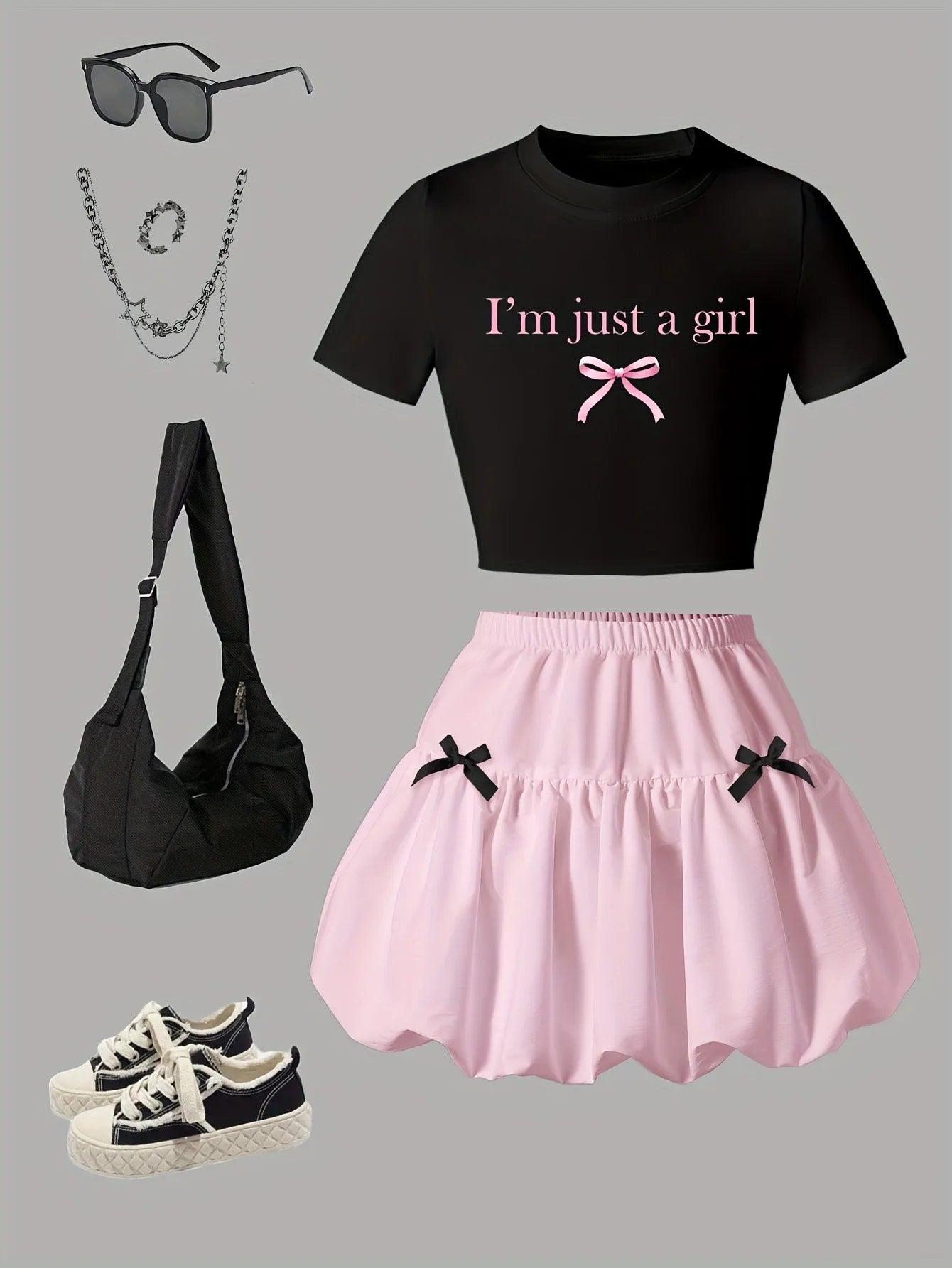 Kids Girls 2-Piece "I'm just a girl" Letter Print Crop T-shirt & Bow Decor Bubble Skirt Set Summer Casual Coquette Style Outfit