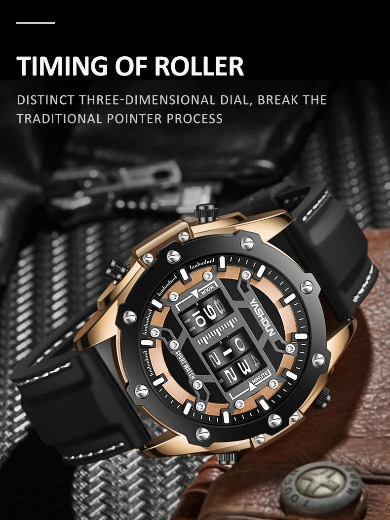Men Quartz Watch Roller Digital Dial Design Silicone Strap Versatile Wristwatch Clock Waterproof Military Sports Clock