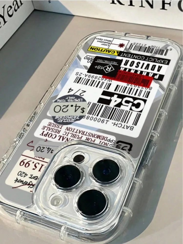 1pc C54 Label  Lucky Mirror Phone Case For iPhone 17AIR 11 12 13 14 15 16 17Pro Max Plus Lens Ring Anti-Fall 1.5mm Hard Case