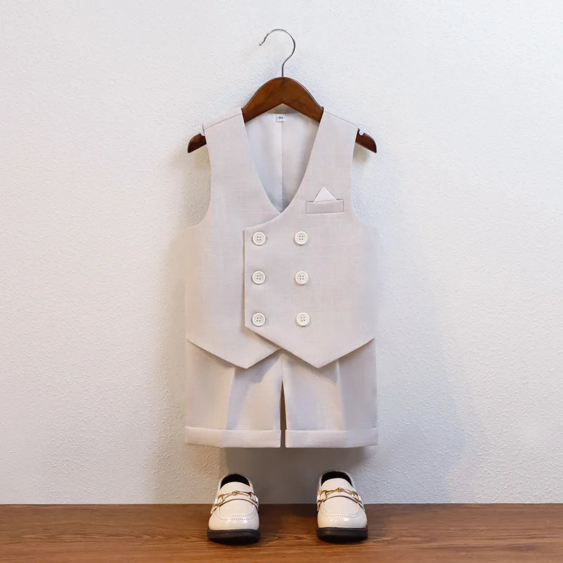 JUCPKID Kids Boys Summer Vest Shorts Suit Formal Elegant Children Boys Wedding Suit Junior Boys Blue Gray Short-sleeved Vest Set