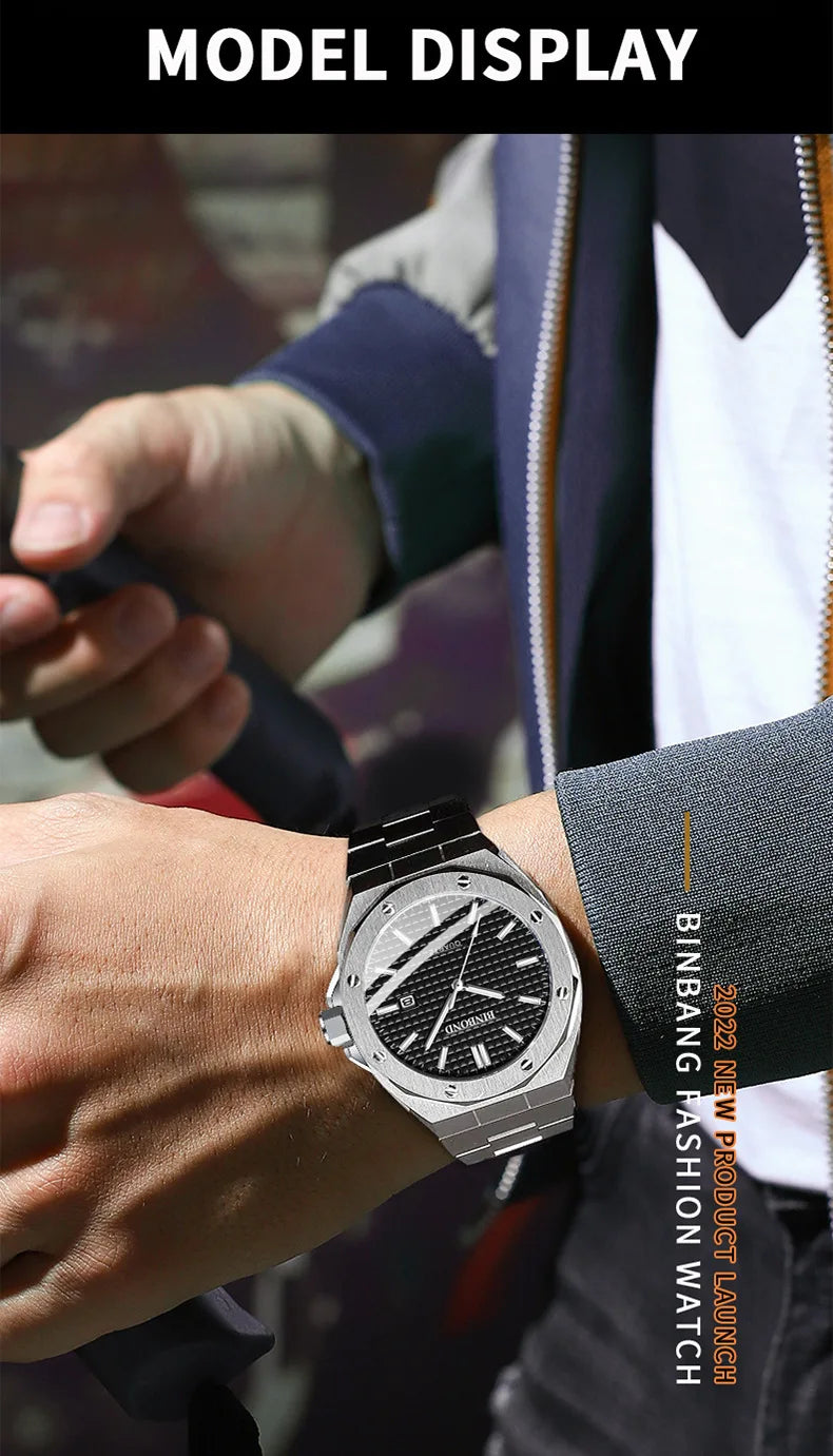 BINBOND 0233 Fashion Men's Watch Alloy Strap with Octagonal Screw Quartz Movement High end Quartz Men's Watch 2025