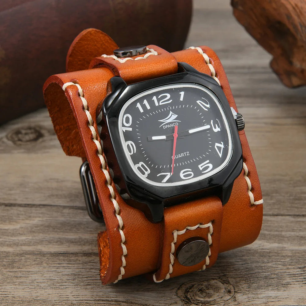 Men's Vintage Wide Cowhide Leather Hand-Stitched Quartz Watch - Retro Wrist Accessory