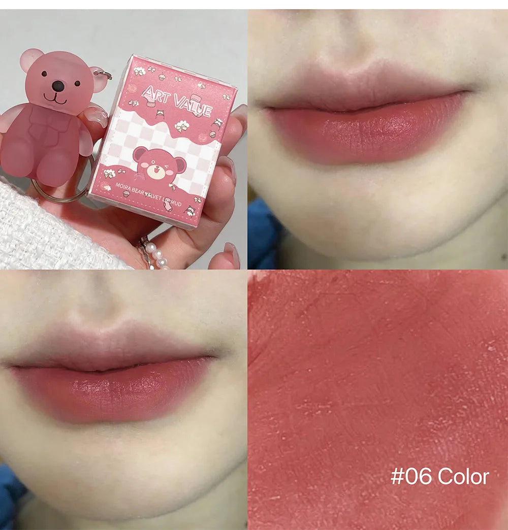 ART VALUE Cute Bear Liquid Lipstick Keychain Matte Nude Sexy Red Lipgloss Lasting Non-stick Cup Lipstick Makeup Lip Stain Tint