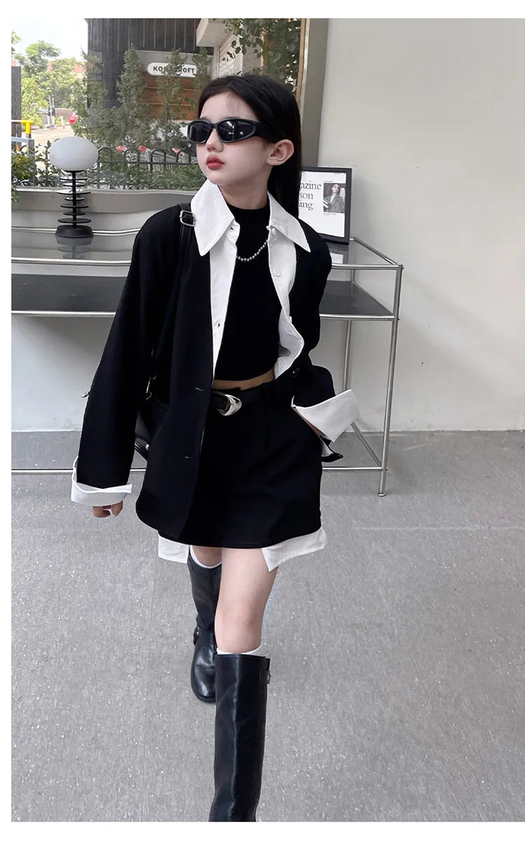 Girls' Suit Set Ages 5-14 Trendy Spliced Two-Piece Outfit with Jacket And Short Skirt for Children's Fashion Shows Machine Wa...