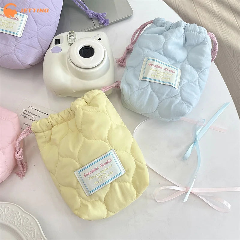 1PCS Portable Travel Camera Organizer Heart Printed Quilted Drawstring Bag Handbag Cosmetic Makeup Lipstick Storage Bag